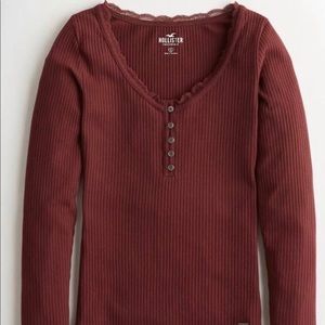 Hollister Burgundy Ribbed Lace Henley Top